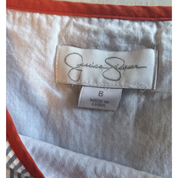 Jessica Simpson Blue White Seersucker Dress Orange Trim Pockets Lined Size 8 - Picture 3 of 10